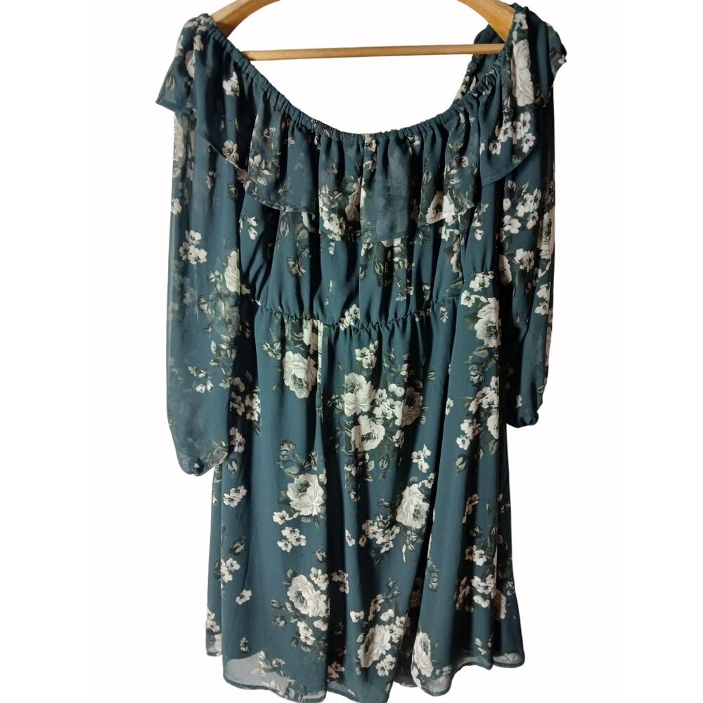 Torrid Womens Floral Off Shoulder Green Ruffled Chiffon Mini Dress Size 3 3X - Picture 6 of 11
